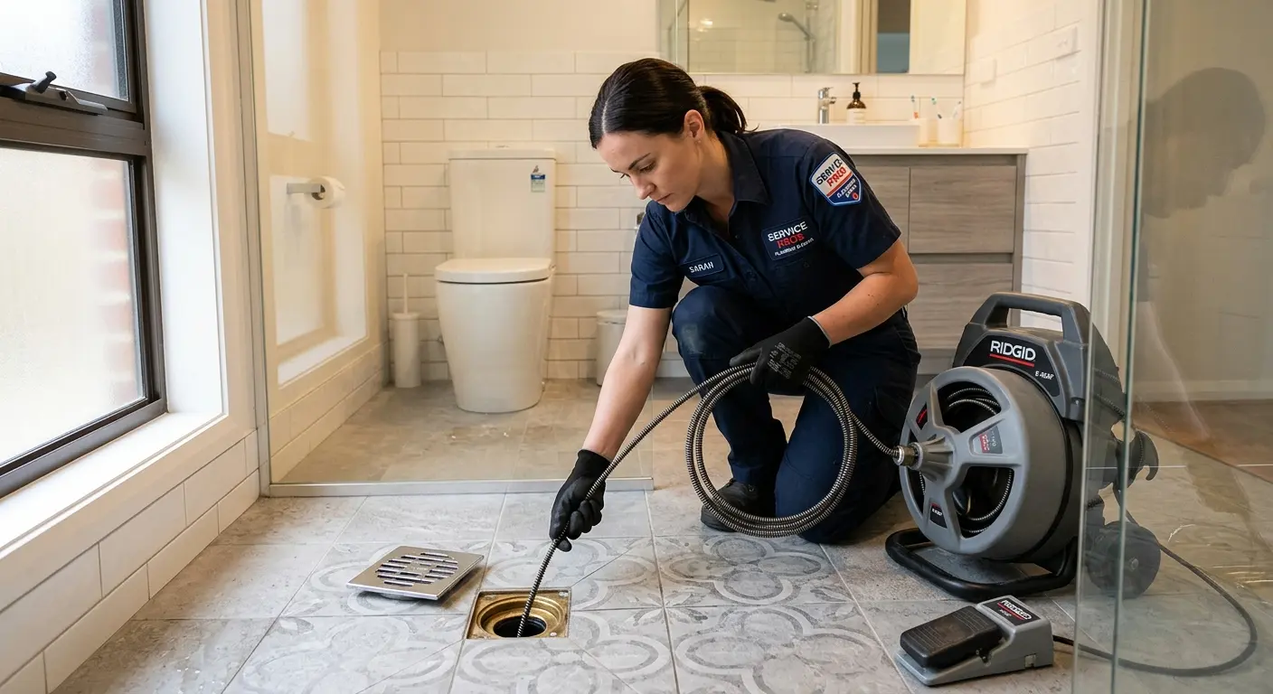 Technician clearing a bathroom floor drain for Hydro Jetting in Viera West